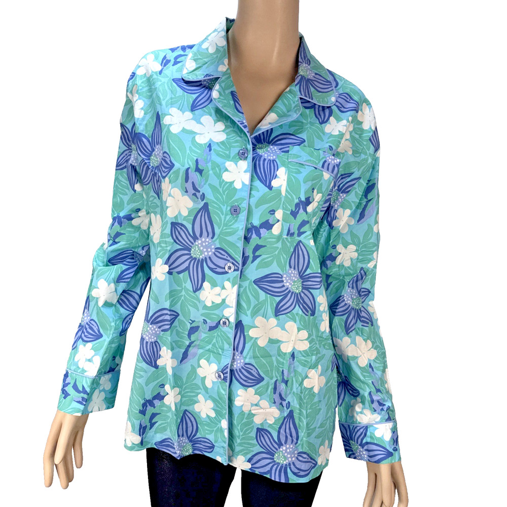 Lilly Pulitzer Vintage Blue Floral Button Up Shirt Top Size M Cotton White Tag